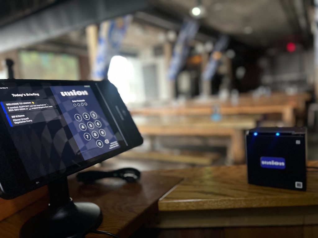UNION POS dashboard with mobile ordering screens and a scan-to-order QR code